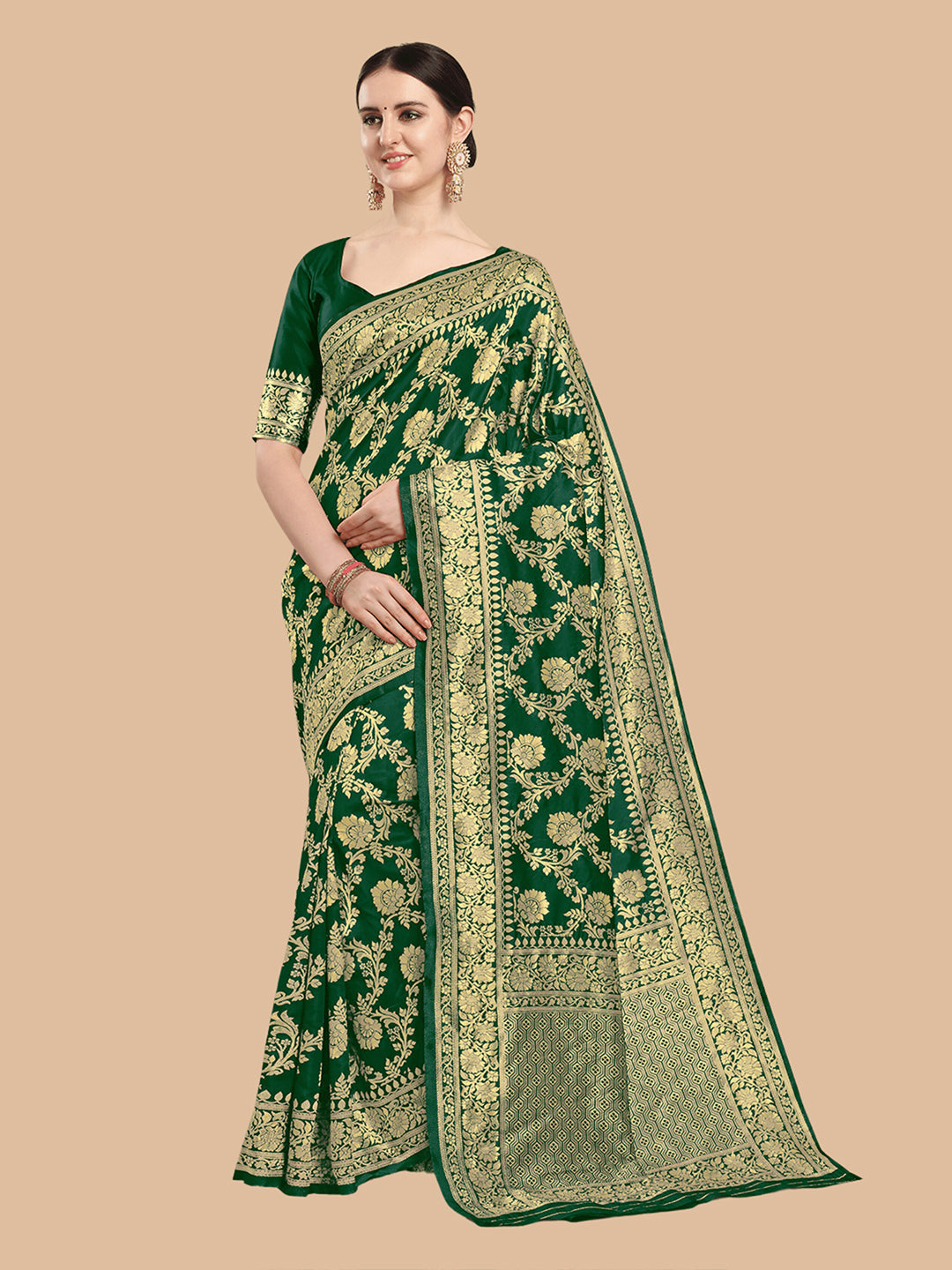 Kalini Green & Gold-Toned Woven Design Silk Blend Banarasi Saree | Swadesiicart