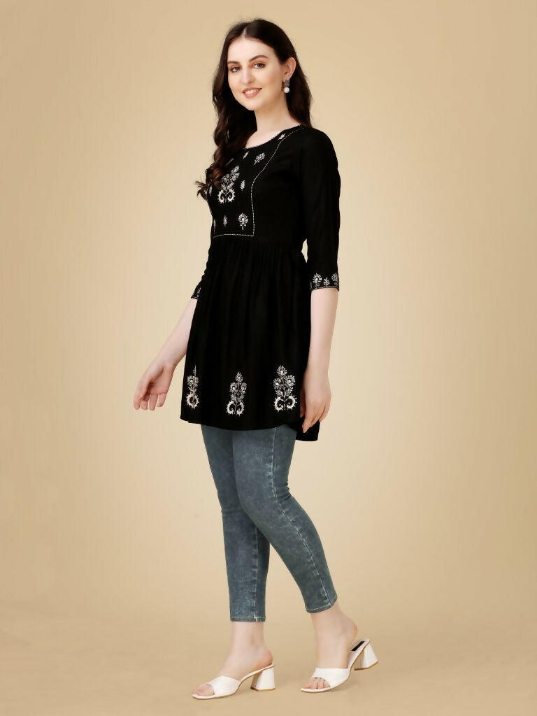 Jyoti Fashion Women's Black Viscose Rayon Embroidered Casual Top | Swadesiicart