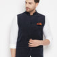 Even Apparels Navy Polyester Men's Nehru Jacket-Contrast Lining-Inbuilt Pocket Square | Swadesiicart