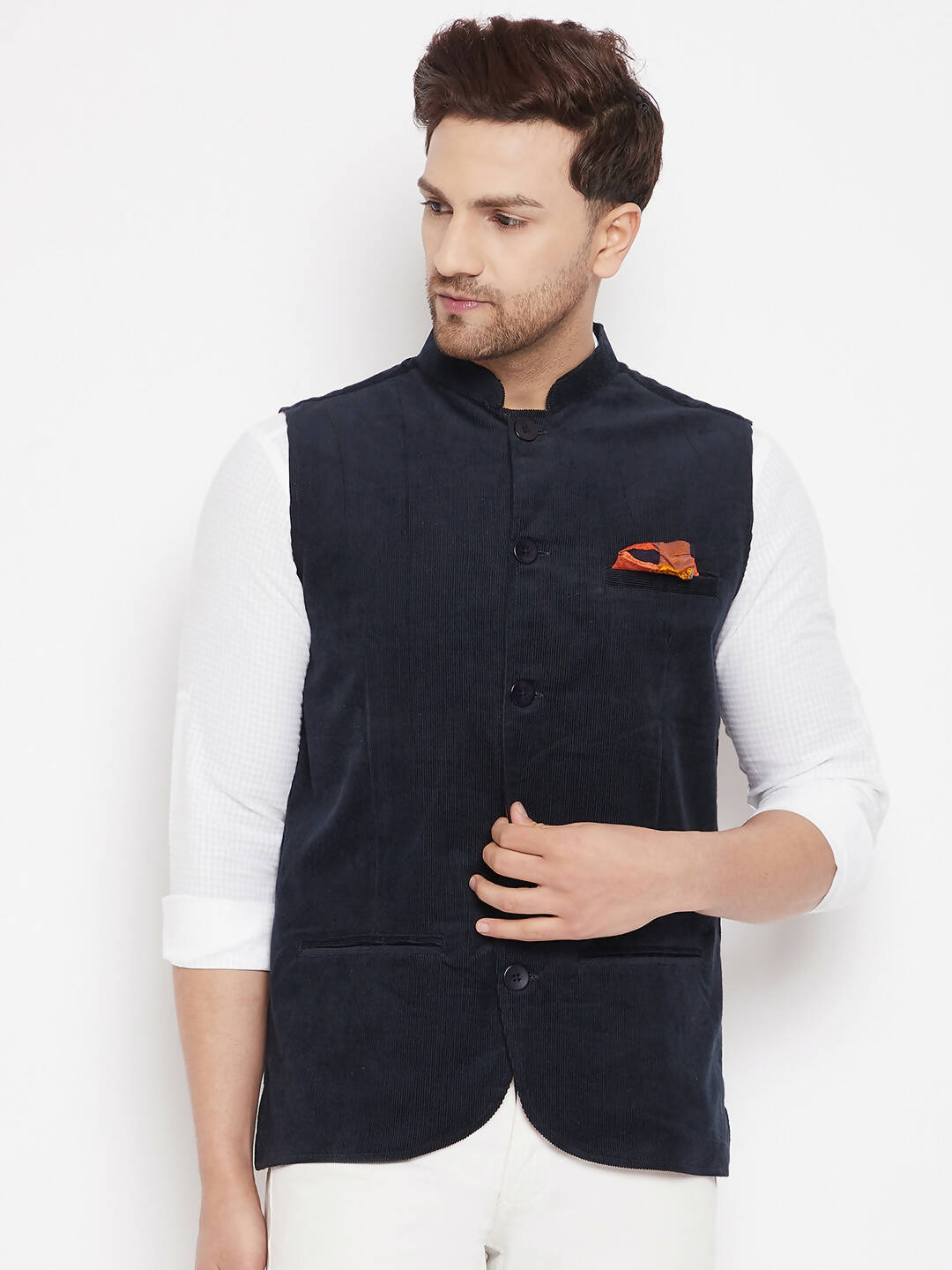 Even Apparels Navy Polyester Men's Nehru Jacket-Contrast Lining-Inbuilt Pocket Square | Swadesiicart
