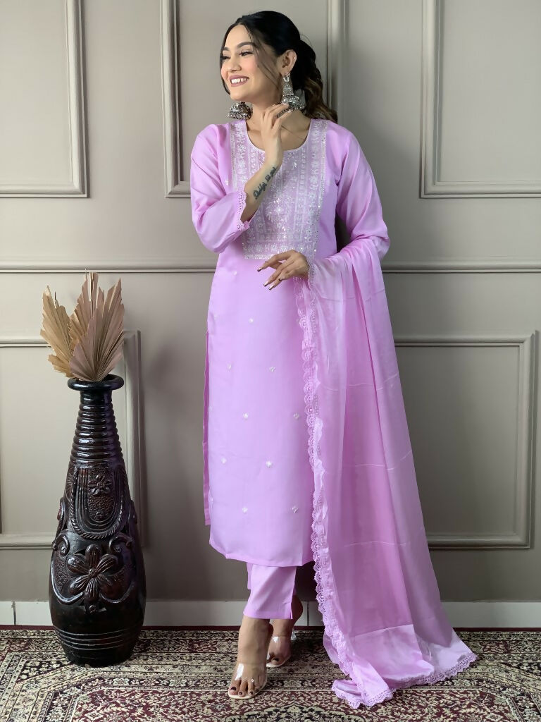 Lavender Viscose Chanderi Stitched Suit With Dupatta - Tanisha | Swadesiicart