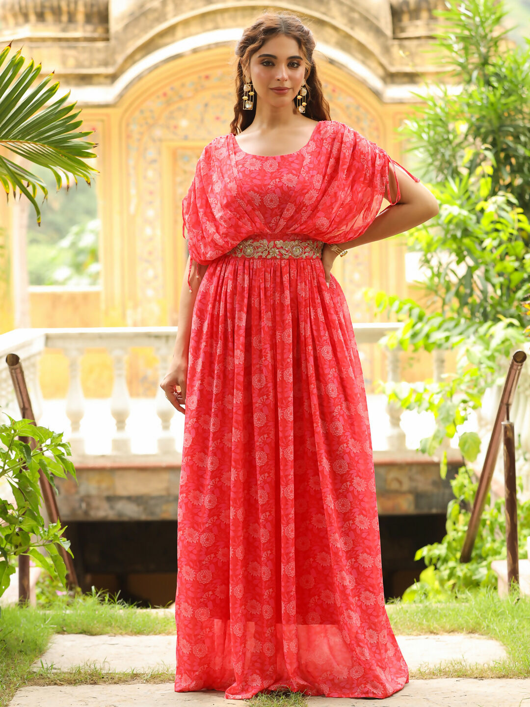 Janasya Pink Georgette Floral Gown | Swadesiicart