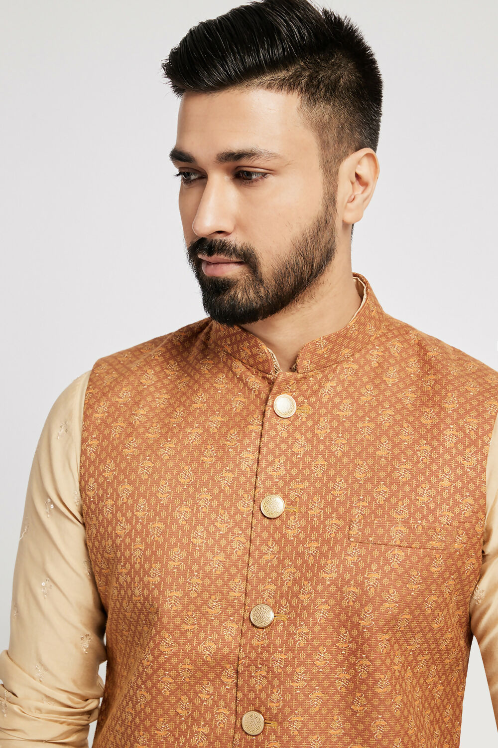 Ethnic India Brown Bundi Men's Jacket Abstract Blended | Swadesiicart