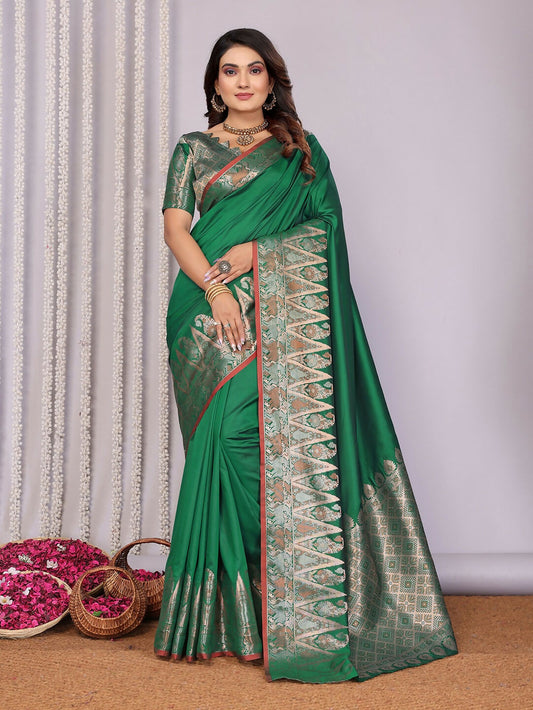 Joban Fashion Banarasi Pine Green Jacquard Woven Soft Silk Saree | Swadesiicart