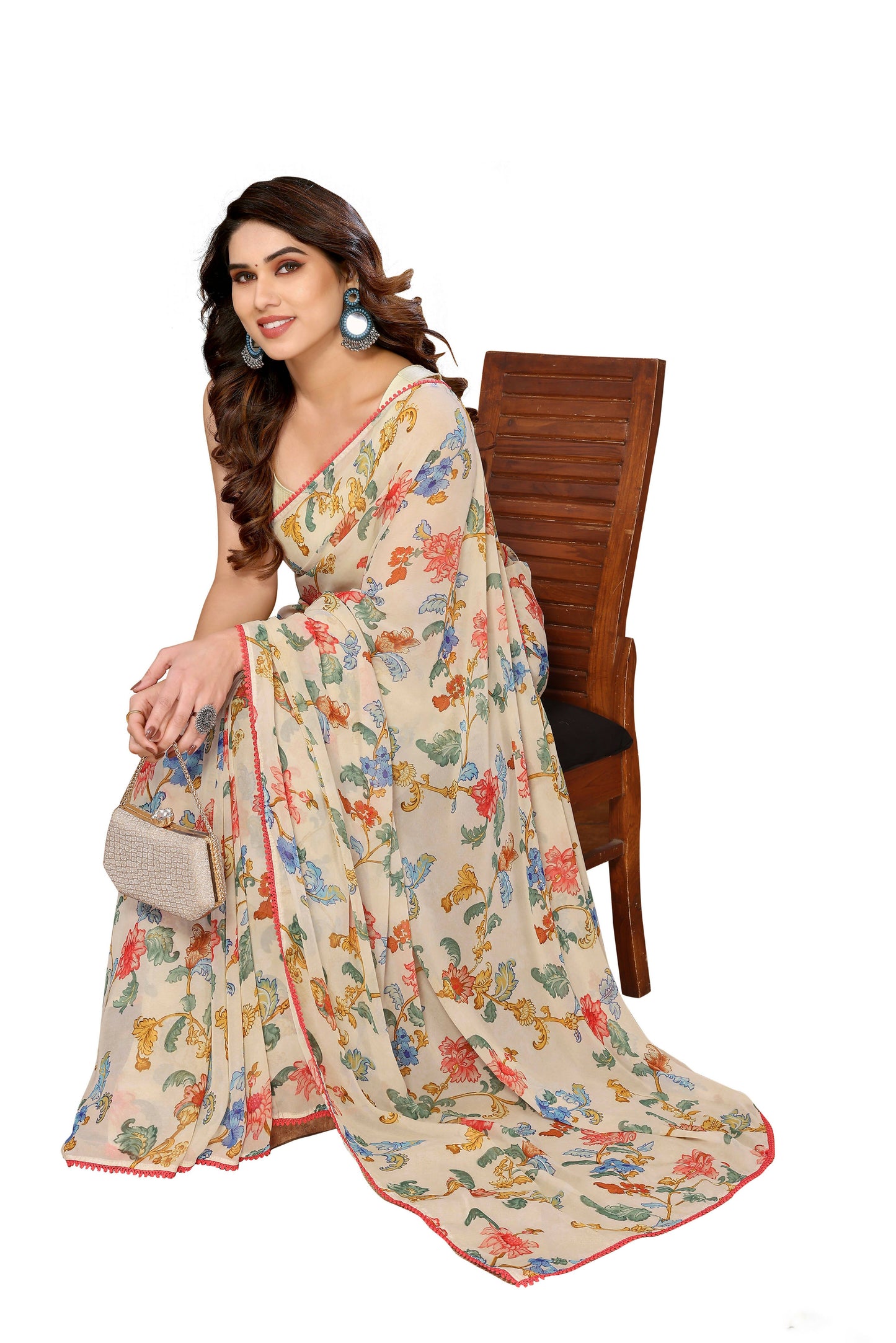Women's Partywear Designer Off white Georgette Fancy Saree - Satrangi | Swadesiicart