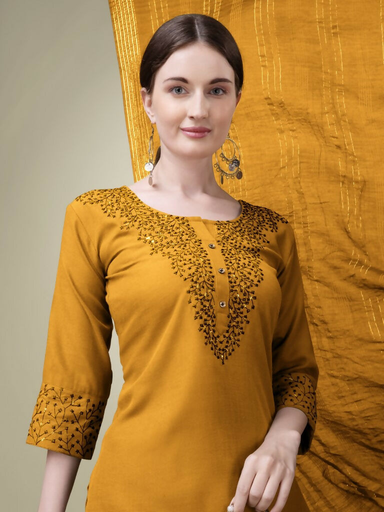 Jyoti Fashion Women's Mustard Cotton Blend Embroidery & Sequence work Kurta with Trouser & Dupatta | Swadesiicart