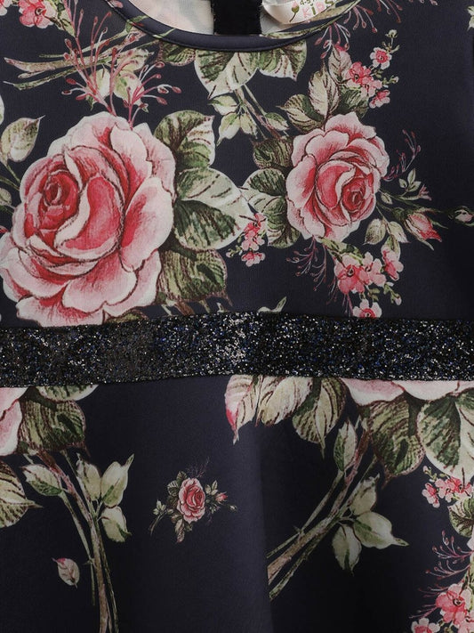 Ahalyaa Navy Blue Digital Print Floral Kids Dress For Girls | Swadesiicart