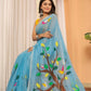 Exclusive Collection Beautiful Light Sky Pure Cotton Hand Print Handloom Saree With Running Blouse Piece - Swadesiicart