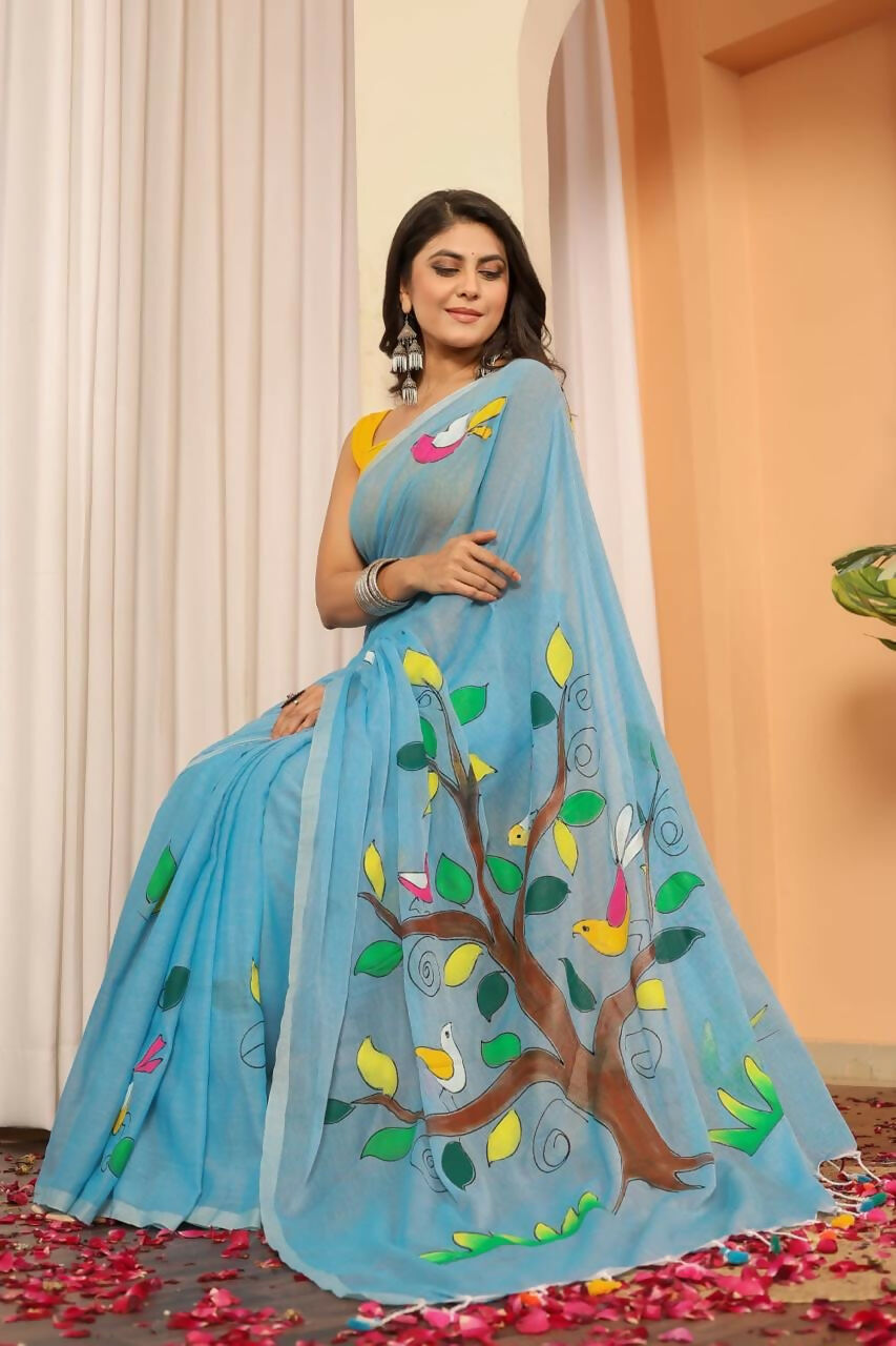 Exclusive Collection Beautiful Light Sky Pure Cotton Hand Print Handloom Saree With Running Blouse Piece - Swadesiicart