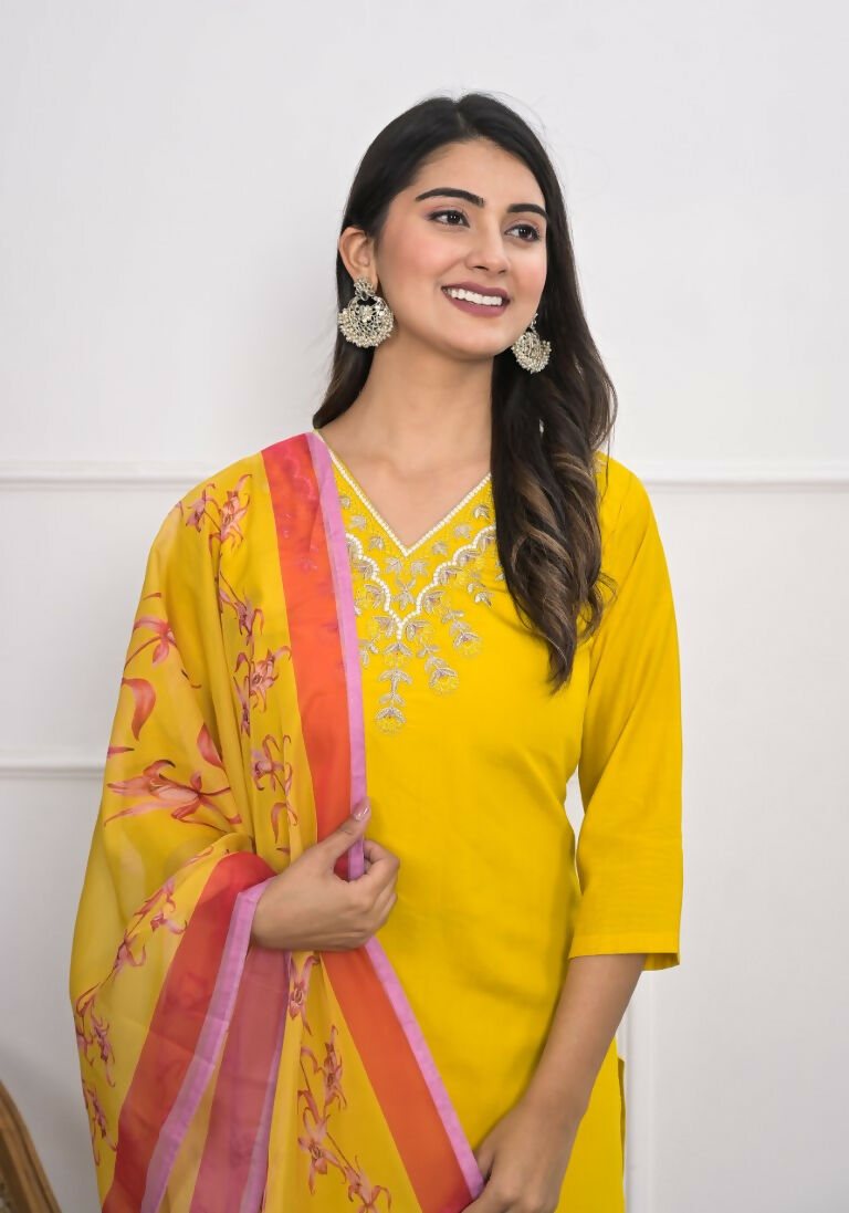 Yellow Viscose Silk Embroidery with Thread and sequence Stitched Suit With Dupatta - Tanisha | Swadesiicart