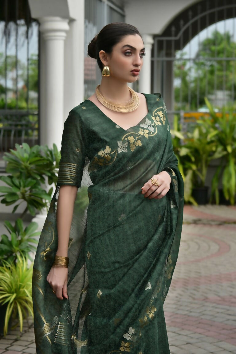 Vishnu Weaves Women's Green Linen Silk Zari Weaving Saree with Blouse - Swadesiicart