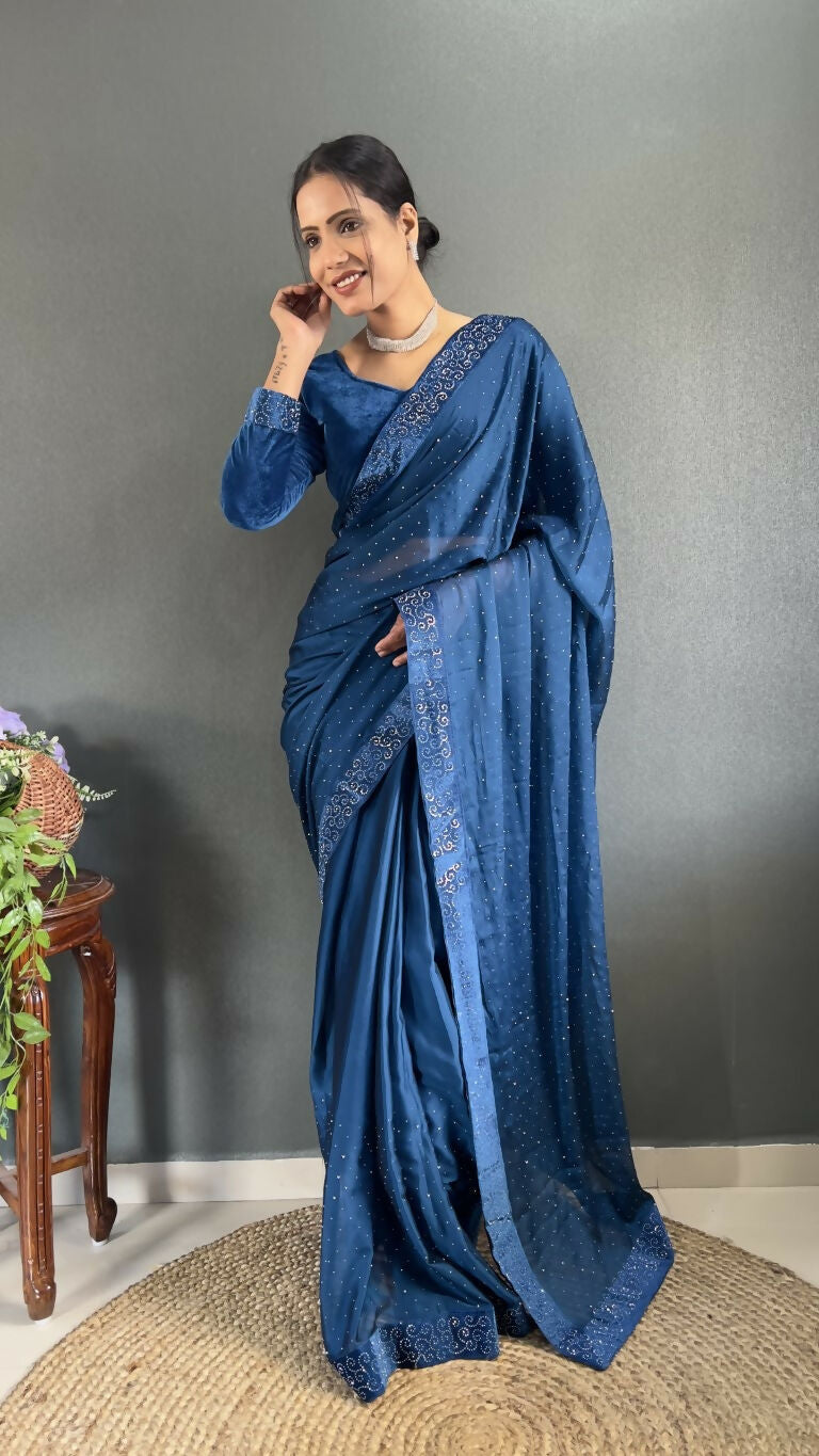 Vastranavya Teal Rangoli Silk Swarovski work Ready to Wear Saree | Swadesiicart