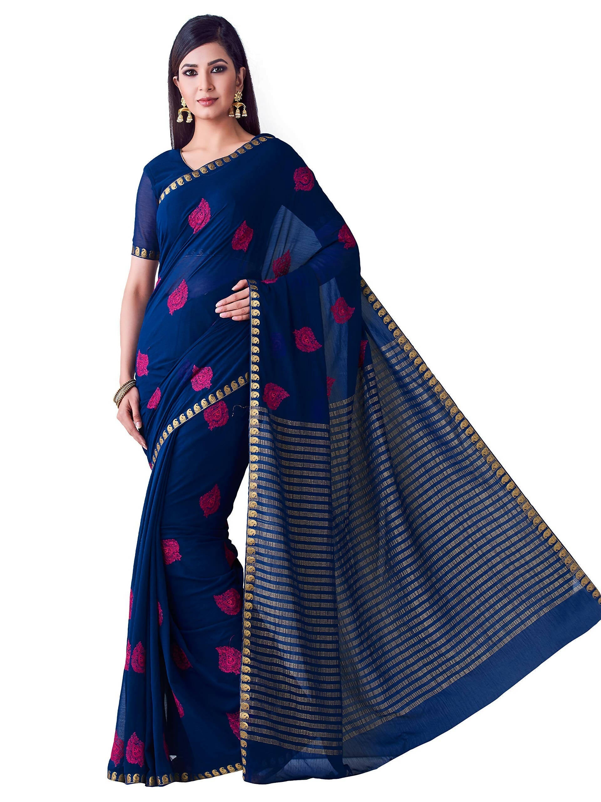 Mimosa Women's Navy Blue Banarasi Chiffon Saree | Swadesiicart