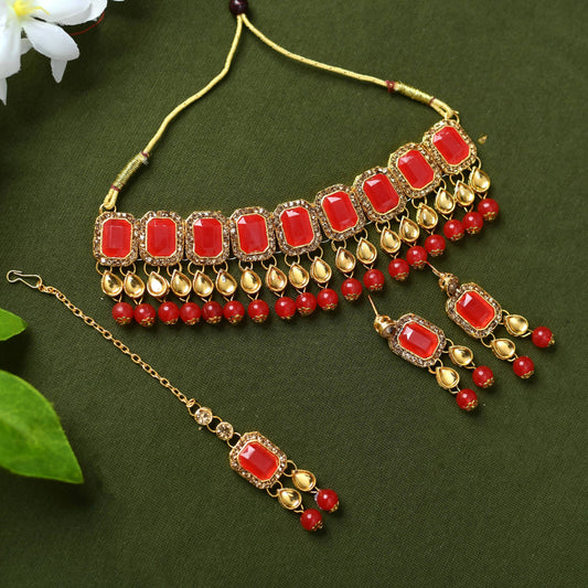 Mominos Fashion Johar Kamal Gold-Polished Brass Finish Kundan/Pearls Choker For Women (Red) | Swadesiicart