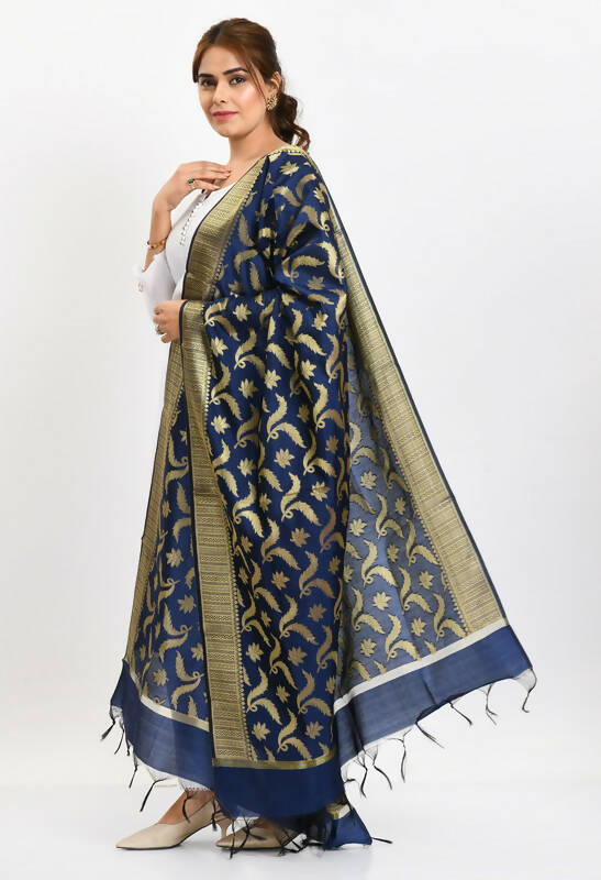 Mominos Fashion Moeza Women's Banarsi Silk Floral Woven Design Navy Blue Dupatta - Swadesiicart
