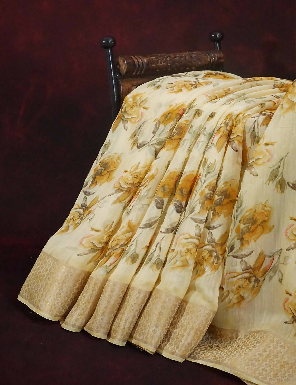 Shades Of Lemon Yellow With Floral Design Semi Chanderi Saree By Gayathri Reddy Designer Studio | Swadesiicart