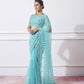 Blue Net Designer Thread Embroidery Work Saree with Unstitched Blouse - Vandini
