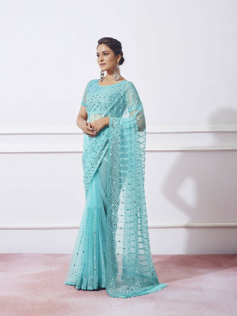 Blue Net Designer Thread Embroidery Work Saree with Unstitched Blouse - Vandini