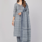 NOZ2TOZ Women's Printed & Embellished & Mirror Work Straight Cotton Grey Stitched Kurta Pant With Dupatta (3Pcs Set) - Noz2Toz
