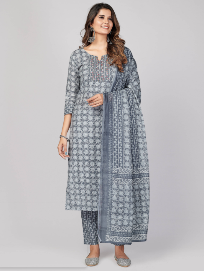 NOZ2TOZ Women's Printed & Embellished & Mirror Work Straight Cotton Grey Stitched Kurta Pant With Dupatta (3Pcs Set) - Noz2Toz