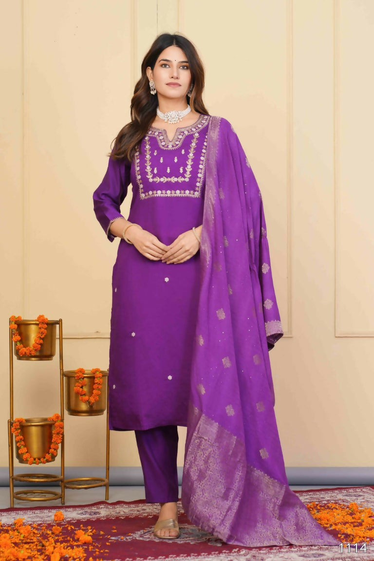 Purple Viscose Chanderi Embroidered Stitched Suit With Dupatta - Tanisha | Swadesiicart