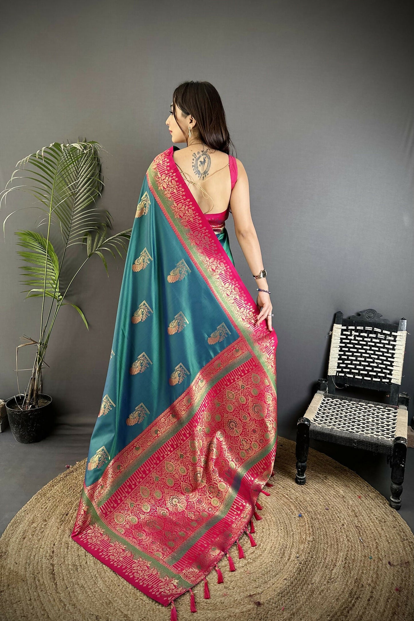 Joban Fashion Teal Banarasi Soft Silk Peacock Butta Work Saree | Swadesiicart