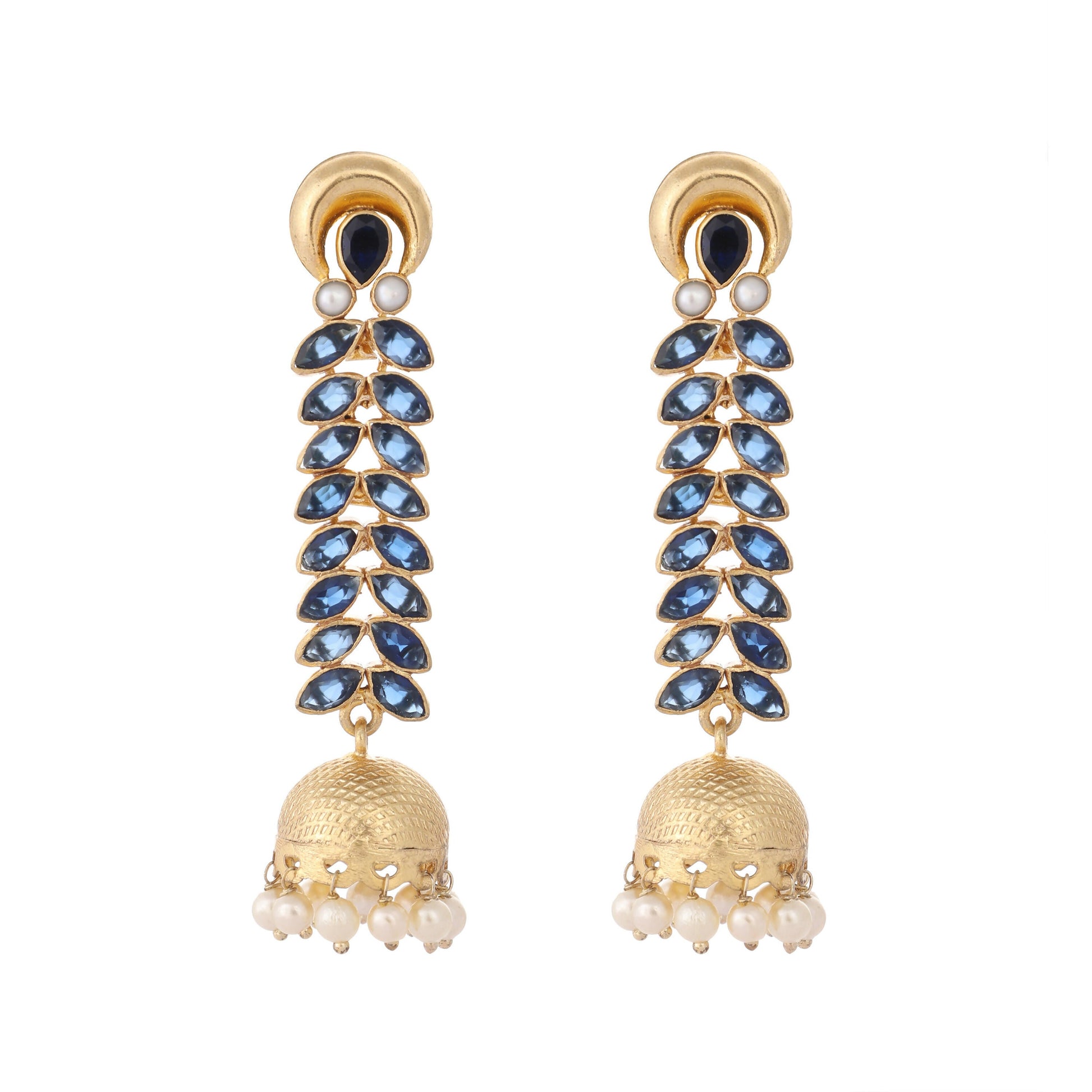 Nuyug 22K Gold-Plated Blue Onyx & Pearl Studded Dome Shaped Jhumkas | Swadesiicart