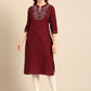 Anouk Notched Neck Thread Work Pure Cotton Straight Kurta - Swadesiicart