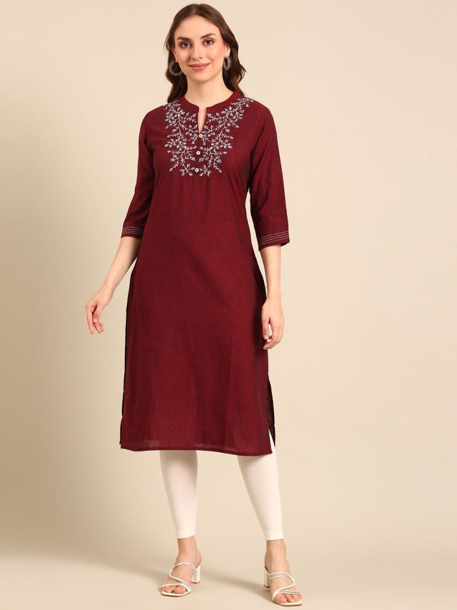Anouk Notched Neck Thread Work Pure Cotton Straight Kurta - Swadesiicart