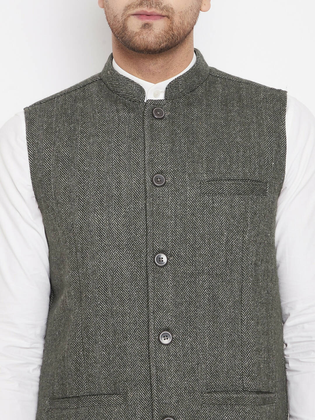 Even Apparels Green Wool Men Woven Nehru Jacket | Swadesiicart