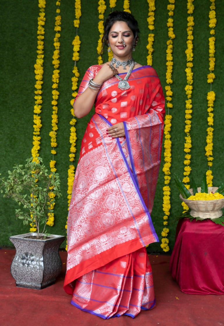 Jyoti Fashion Women's Red Soft Handloom Silk Zari Woven Saree with Blouse | Swadesiicart