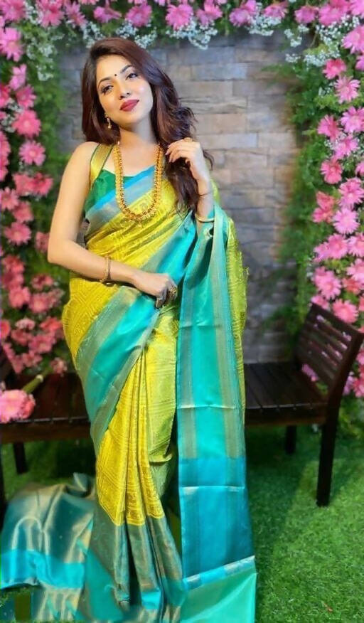 DEIANA'S Beautiful Designer Golden zari Soft Lichi Silk Saree - Yellow - Swadesiicart