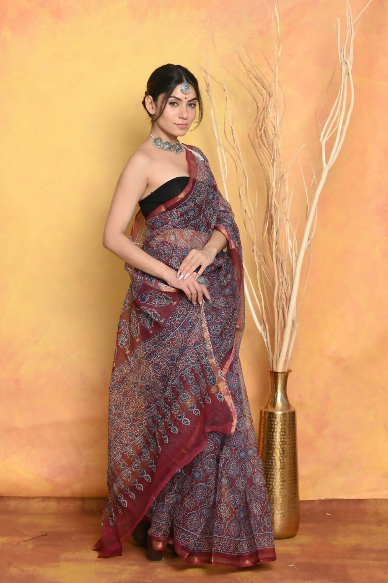 Very Much Indian Pure Kota Cotton Handblock Printed Saree - Grey | Swadesiicart