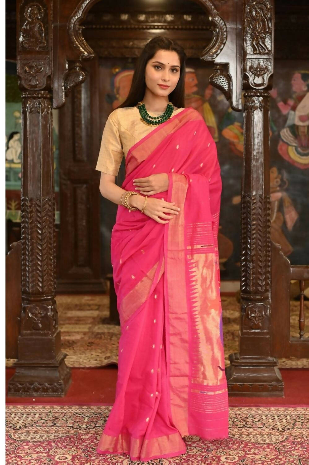Very Much Indian Handloom Pure Cotton Paithani Radhakrishna Pallu-Rani Pink | Swadesiicart