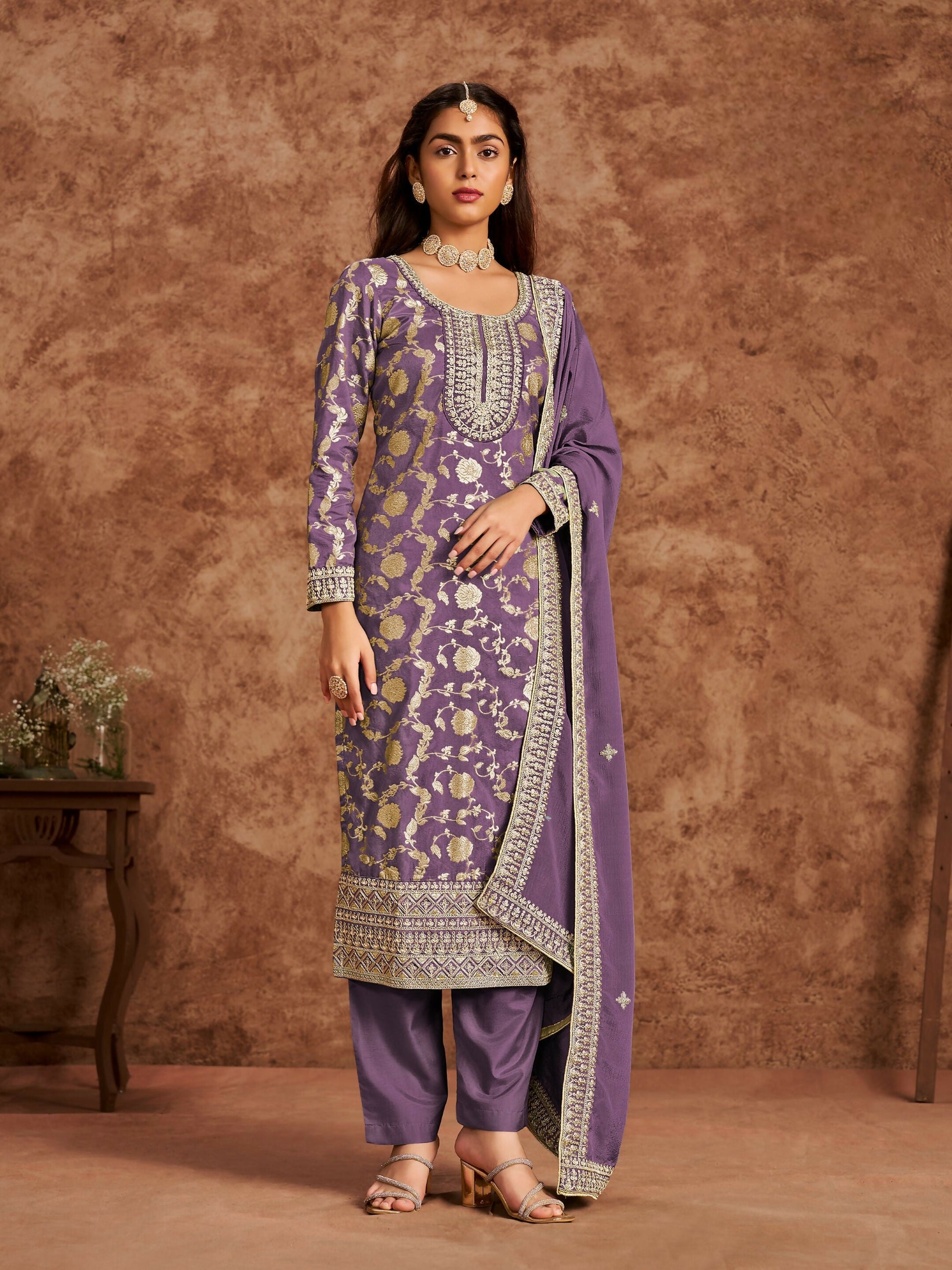 Anaita Purple Premium Dolla Jacquard Embroidered Stitched Salwar Suit