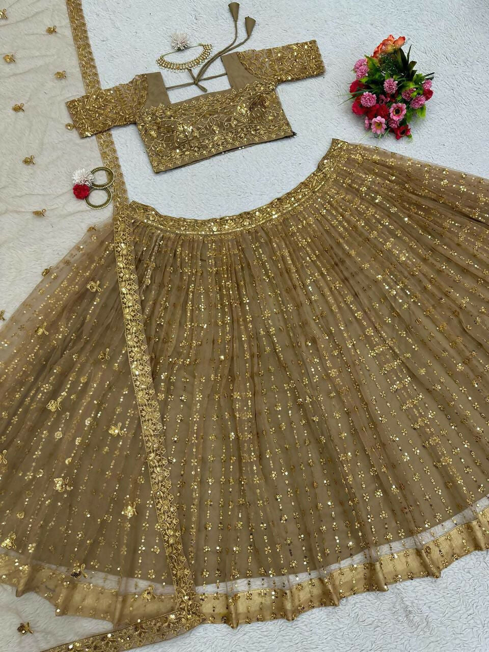 Jyoti Fashion Women's Beige Butterfly Net Sequins with Thread Embroidered Designer Lehenga Choli Set | Swadesiicart