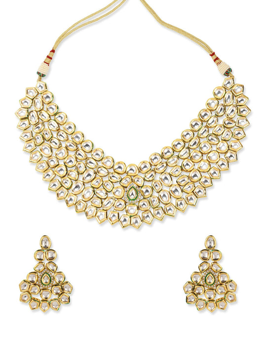 Gold-Polished Maharani Kundan Neckpiece With Earrings And Maang Tikka - Ruby Raang - Swadesiicart