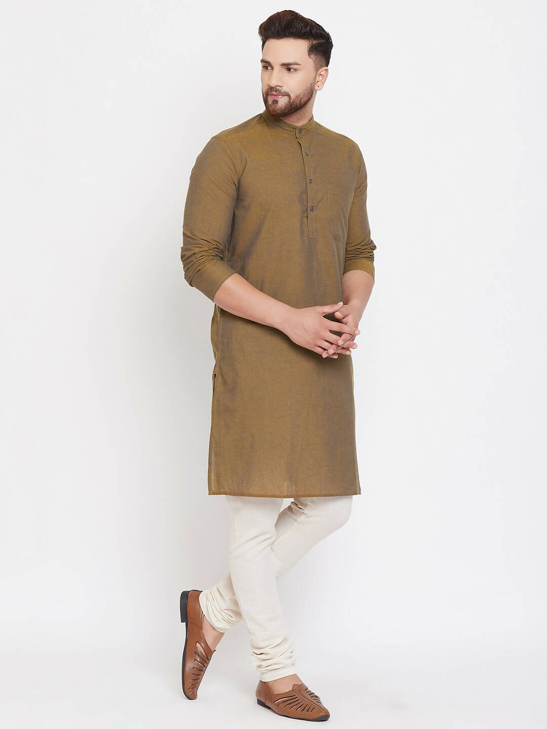 Even Apparels Brown Pure Cotton Men's Kurta With Band Collar | Swadesiicart