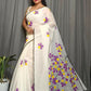 Exclusive Collection Beautiful White Purple Pure Cotton Hand Print Handloom Saree With Running Blouse Piece - Swadesiicart