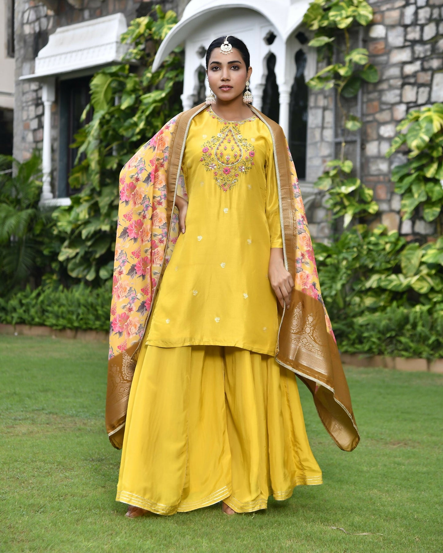Vaasva Women's Silk Mustard Emboidered Solid Kurta, Sharara & Dupatta Set | Swadesiicart