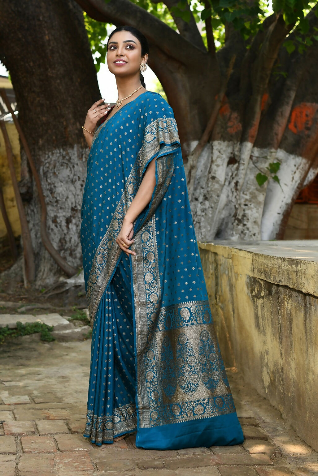 Joban Fashion Peacock Crepe Chiffon Pure Handloom Banarasi Silk Saree | Swadesiicart