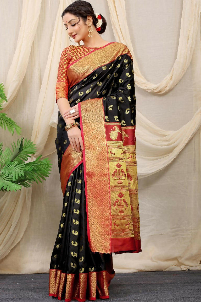 Jyoti Fashion Women's Black Banarasi Silk Zari Woven Saree with Blouse | Swadesiicart