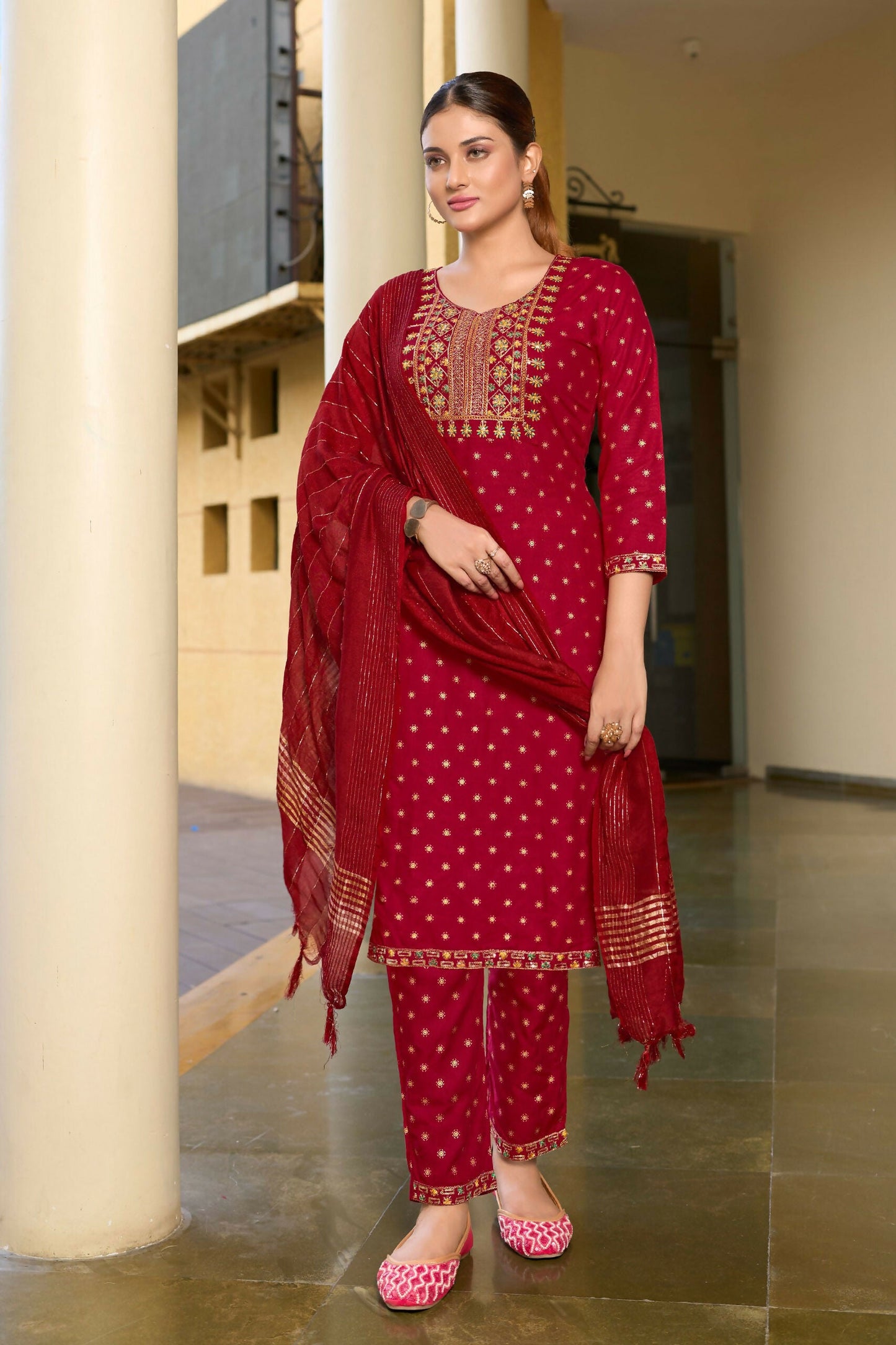 Jyoti Fashion Women's Maroon 14KG Rayon Foil Print with Embroidery Kurta Set | Swadesiicart