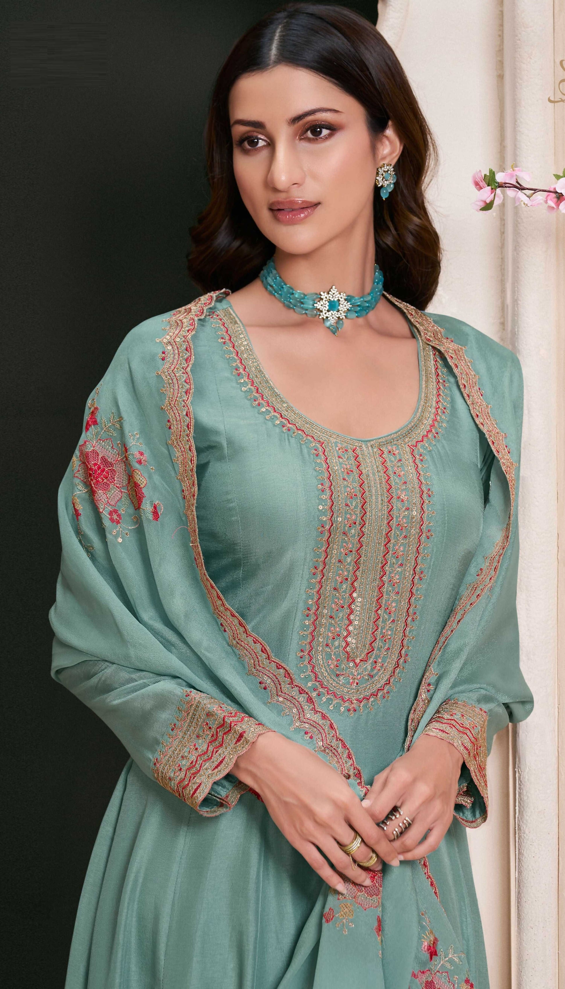 Anaita Teal Embroidered Work Silk Stitched Anarkali Suit
