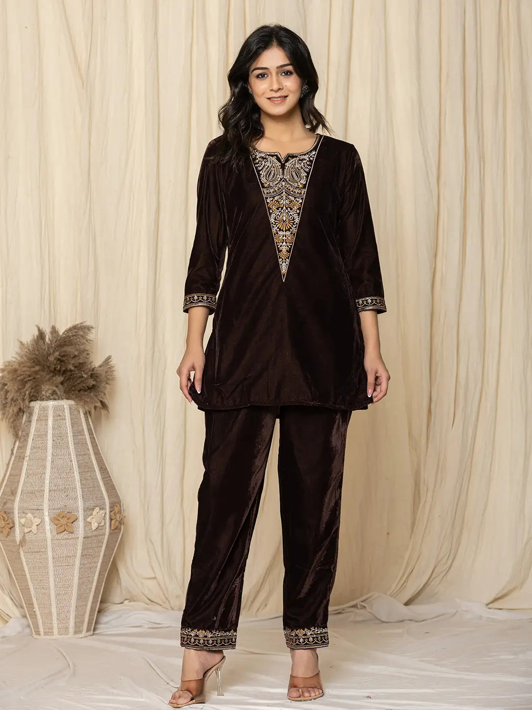 Yufta Coffee Brown Velvet Embroidered Co-Ord Set - Swadesiicart