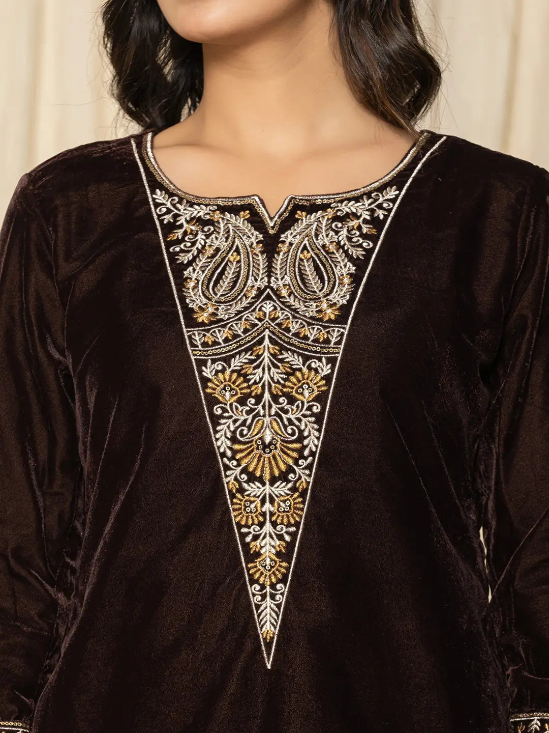 Yufta Coffee Brown Velvet Embroidered Co-Ord Set - Swadesiicart