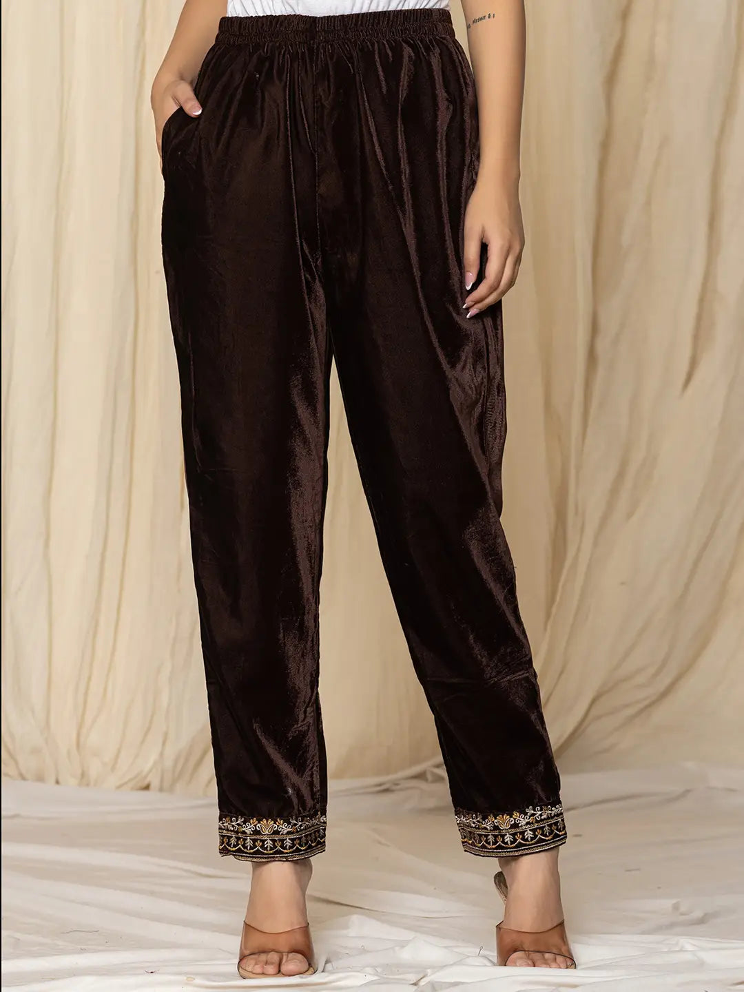 Yufta Coffee Brown Velvet Embroidered Co-Ord Set - Swadesiicart