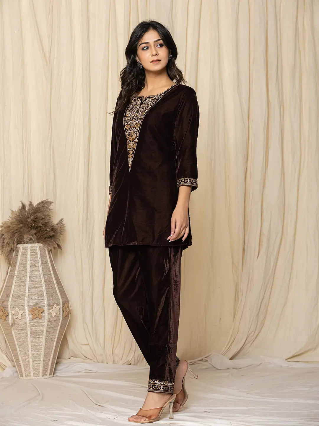 Yufta Coffee Brown Velvet Embroidered Co-Ord Set - Swadesiicart