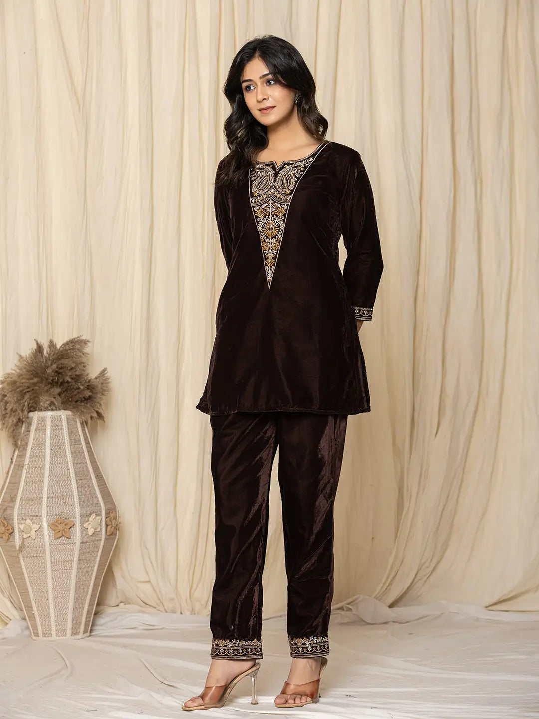 Yufta Coffee Brown Velvet Embroidered Co-Ord Set - Swadesiicart