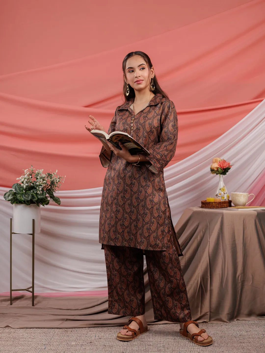 Yufta Cotton Black Digital Printed Workwear Co-Ord Set With Pintuck Detailing On Sleeves - Swadesiicart